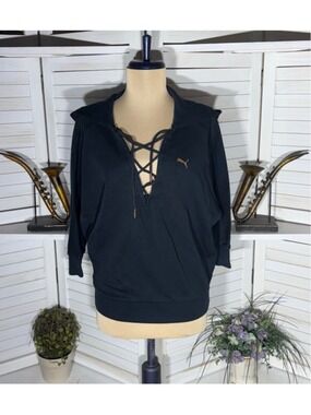 Puma cotton black sweatshirt hooded cage v neckline 3/4 sleeves workout wear M